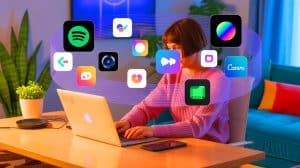 Illustration of ChatGPT interacting with various app integrations like Spotify and Canva for personalized user experiences.