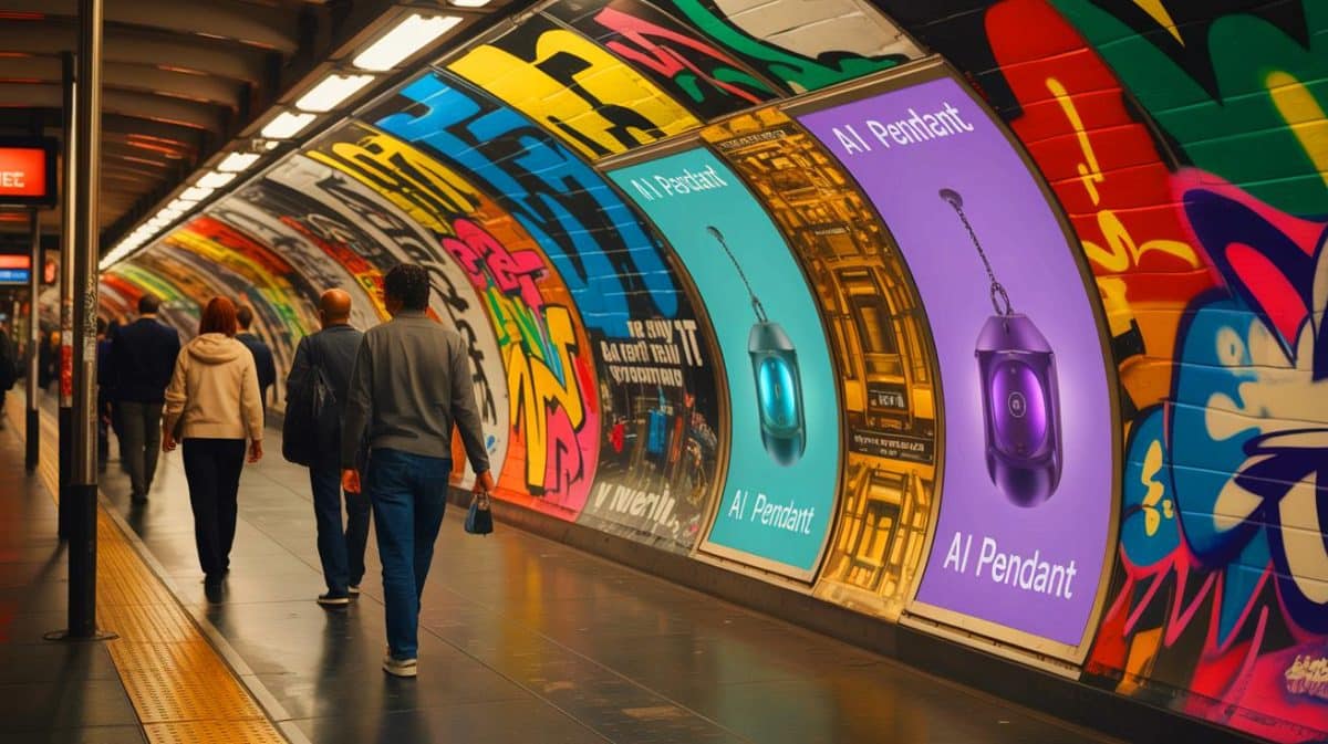 Illustration of a defaced subway ad featuring the controversial AI pendant by startup Friend.