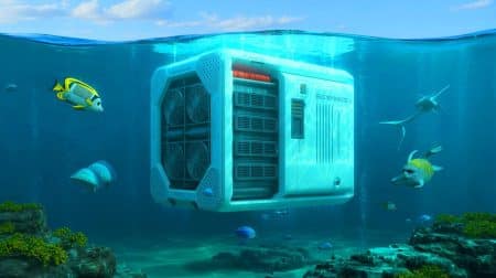 Illustration of an underwater data center being installed off the coast of Shanghai, utilizing ocean currents for cooling.