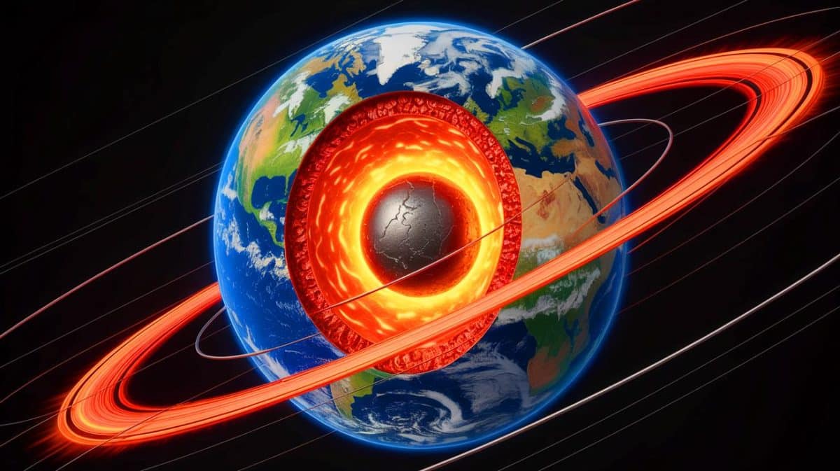 Illustration of Earth's inner and outer core with magnetic field lines extending into space.
