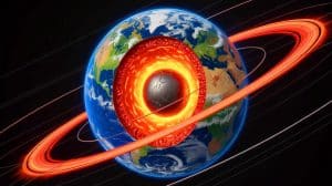 Illustration of Earth's inner and outer core with magnetic field lines extending into space.