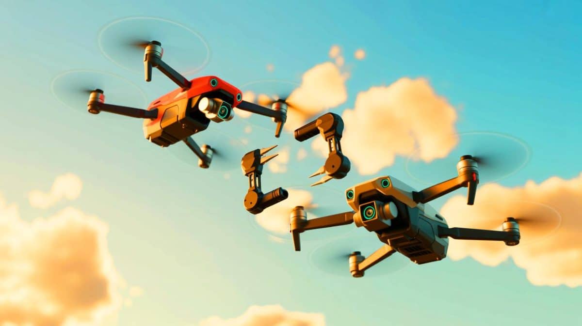 “It Looks Like Science Fiction”: These Drones Can Swap Tools Mid-Air With Surgical Precision (and They’re Learning to Work Like Humans) Illustration of drones exchanging tools mid-air with high precision.