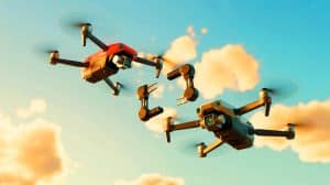 Illustration of drones exchanging tools mid-air with high precision.
