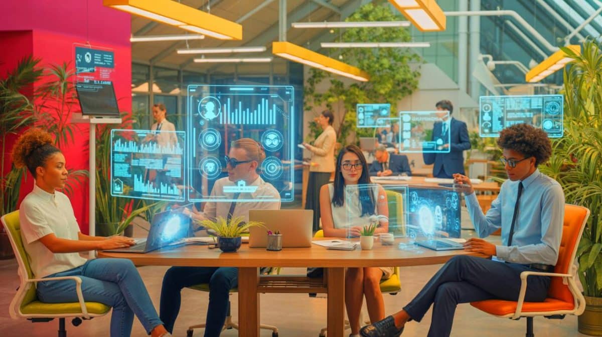 “This Could End the Five-Day Grind”: Tech Leaders Say AI Will Reshape Work and Shrink the Week to Just Three Days Illustration of Top Tech Executives Envisioning a Future with AI-Driven Shorter Workweeks.