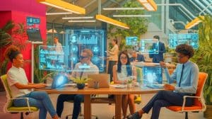 Illustration of Top Tech Executives Envisioning a Future with AI-Driven Shorter Workweeks.