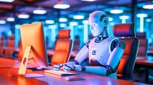 Illustration of a man being replaced by artificial intelligence in the workplace.