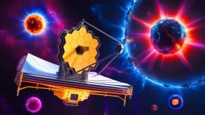 Illustration of the James Webb Space Telescope observing potential supermassive dark stars in the early universe.