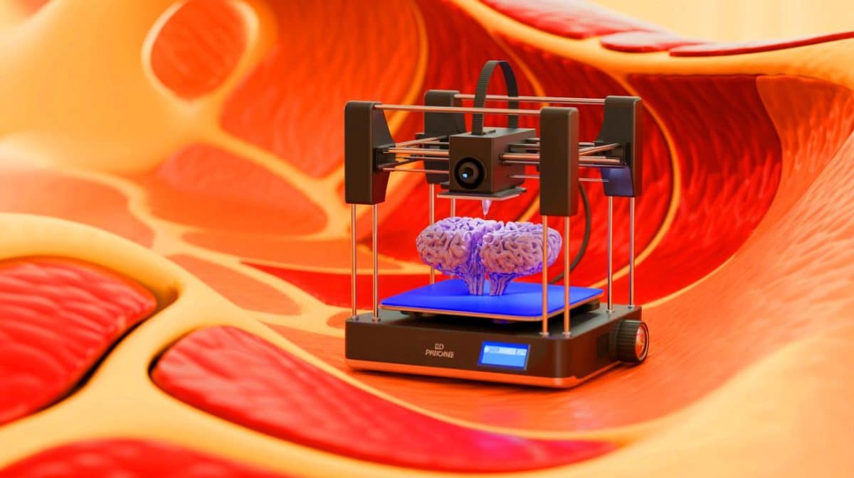 “They Built My Tissue Inside”: This Mini 3D Printer Creates Tissue In Your Body And Shatters Surgery (It’s Already Happening) Illustration of a mini 3D printer creating biological tissue inside the human body.