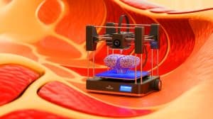 Illustration of a mini 3D printer creating biological tissue inside the human body.