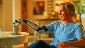 Illustration of an ALS Patient Using a Neuralink Brain Implant to Control a Robotic Arm.