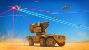 Illustration of the Apollo High Energy Laser Weapon system by Electro Optic Systems targeting drones.