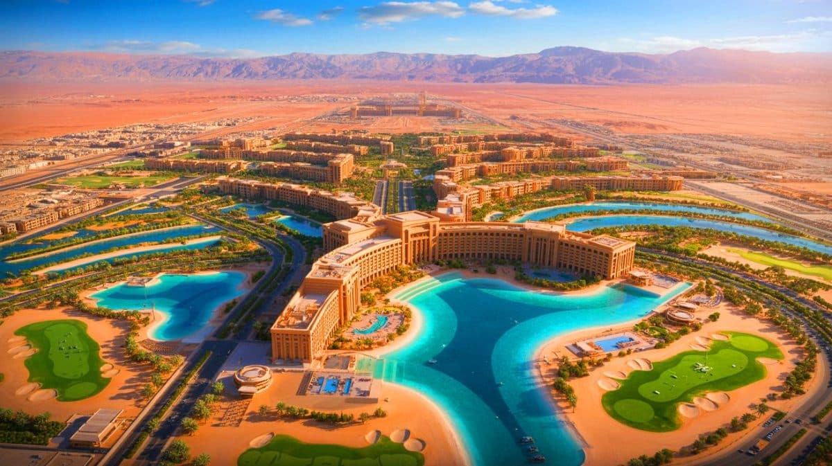 Illustration of the luxurious palace under construction within the NEOM project in Saudi Arabia.