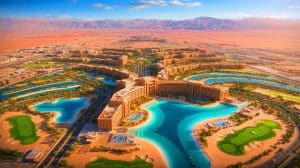 Illustration of the luxurious palace under construction within the NEOM project in Saudi Arabia.