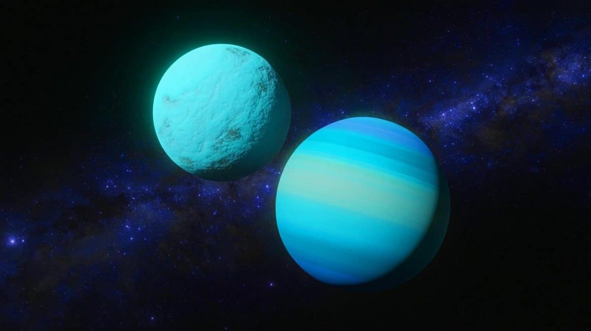 Illustration of Uranus and Neptune with a focus on their potential rocky interiors.