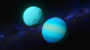 Illustration of Uranus and Neptune with a focus on their potential rocky interiors.