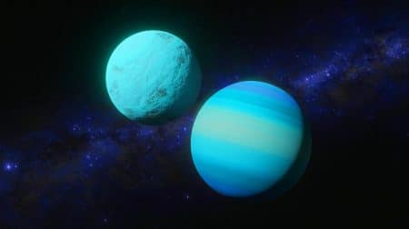 Illustration of Uranus and Neptune with a focus on their potential rocky interiors.