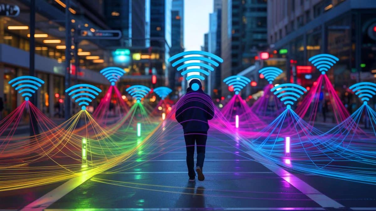 “They Can See You Through WiFi”: This New Tech Identifies People Without Cameras or Devices (and It’s Already Working Indoors) Illustration of WiFi Signals Mapping a Person's Presence, Posture, and Movement.