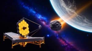 Illustration of the James Webb Space Telescope observing a high-speed asteroid potentially colliding with the Moon.