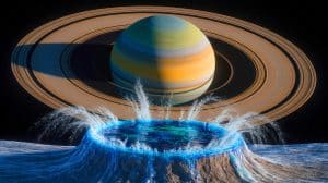 Illustration of Saturn's moon Enceladus spewing complex organic molecules from its subsurface ocean.