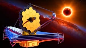 Illustration of NASA’s James Webb Space Telescope observing a distant brown dwarf star.