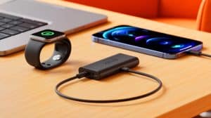 Illustration of Zens Pro 3 USB-C cable with inline wireless chargers for multiple devices.