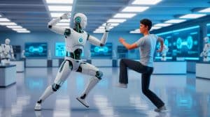 Illustration of Tesla's Optimus robot practicing Kung Fu with a human partner.
