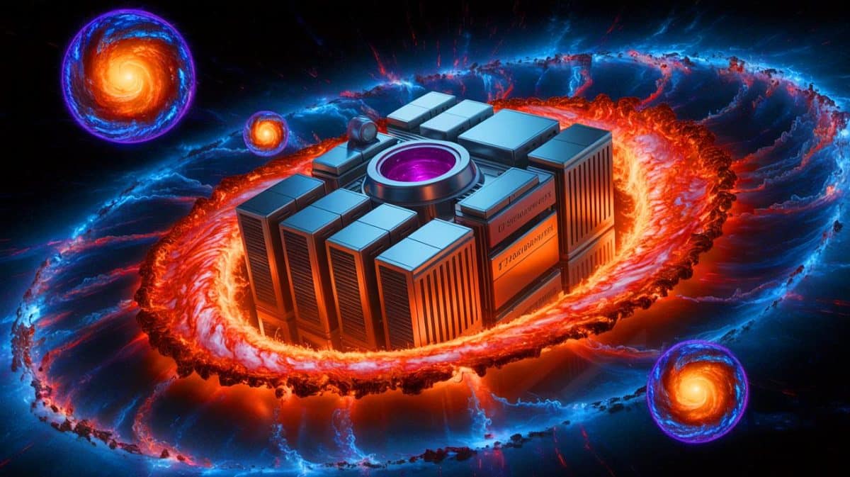 Illustration of a supercomputer simulating the interactions between black holes and galaxy clusters.