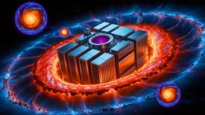Illustration of a supercomputer simulating the interactions between black holes and galaxy clusters.