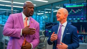 Illustration of Shaquille O'Neal and Jeff Bezos discussing investment strategy.