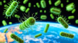 Illustration of bacterial spores enduring the extreme conditions of space travel.