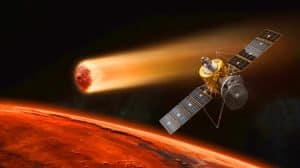 Illustration of ESA Spacecraft Capturing Images of Interstellar Object 3I/ATLAS Near Mars.