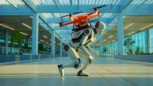 Illustration of Caltech's X1 System, a humanoid robot carrying a transforming drone in a demonstration of autonomous navigation.
