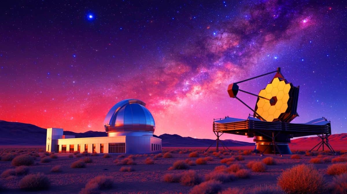 Illustration of the Vera C. Rubin Observatory and the James Webb Space Telescope working together to explore the cosmos.