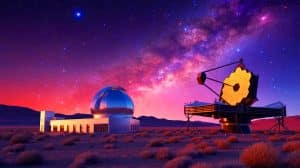 Illustration of the Vera C. Rubin Observatory and the James Webb Space Telescope working together to explore the cosmos.