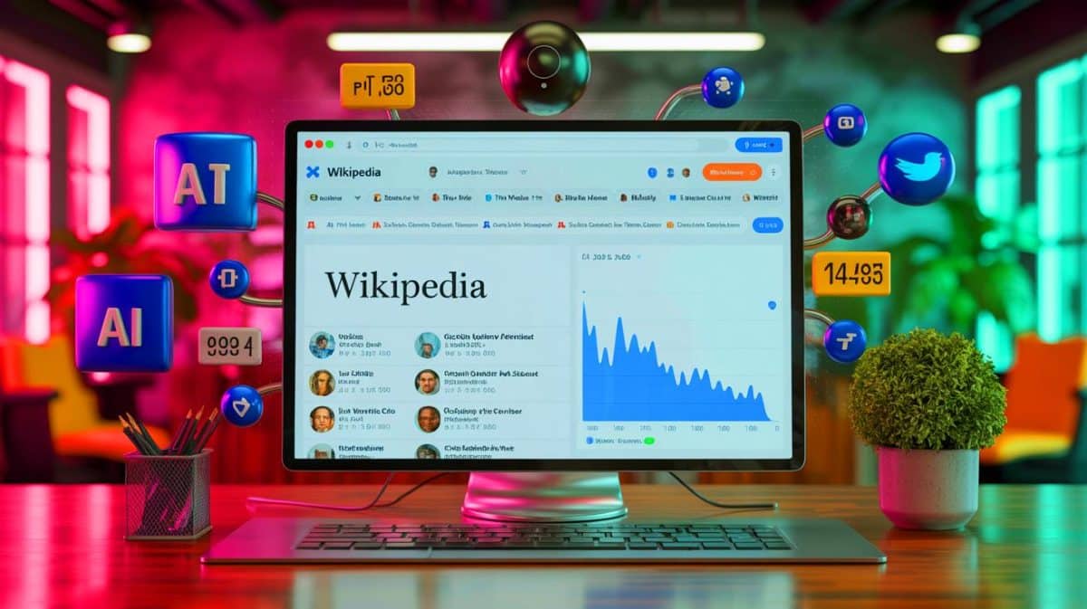 Wikipedia Traffic Decline: AI Summaries and Social Videos Reshape How We Search and Engage Online Illustration of Wikipedia's pageview decline due to AI and social media influences.