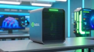 Illustration of NVIDIA's DGX Spark AI computer held by Jensen Huang at the keynote.