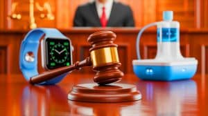 Illustration of a courtroom gavel symbolizing the legal verdict against Apple for patent infringement.