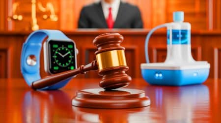 Apple Ordered to Pay $634 Million to Masimo, Sparking Debate Over Patent Infringement and Innovation Rights Illustration of a courtroom gavel symbolizing the legal verdict against Apple for patent infringement.
