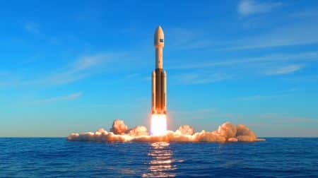 Illustration of Blue Origin's New Glenn booster landing on a drone ship in the Atlantic Ocean.