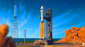 Illustration of Blue Origin's New Glenn rocket preparing for its second launch from Cape Canaveral, Florida.
