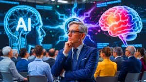 Illustration of the debate on AI consciousness and Microsoft's focus on practical applications.