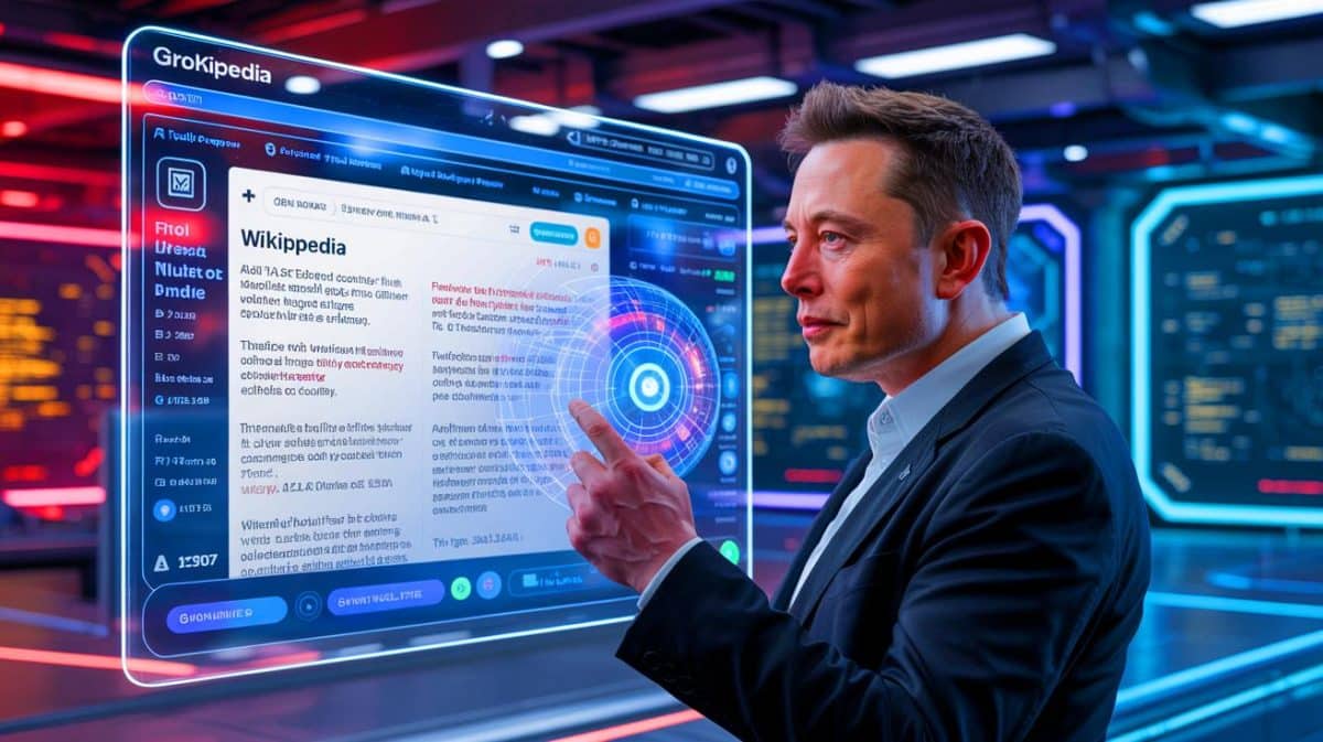 Musk Promises Honest Encyclopedia, Quietly Recycles Wikipedia Content, Sparking Debate on Originality and Ethics Illustration of Elon Musk's Grokipedia platform challenging Wikipedia with AI-verified content.