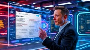 Illustration of Elon Musk's Grokipedia platform challenging Wikipedia with AI-verified content.