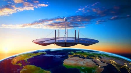 New Aircraft Challenge Starlink: Fly 6 Days, Connect 500,000 People, Cover 15,000 Square Miles Illustration of a stratospheric platform hovering high above the Earth, providing direct internet connectivity.