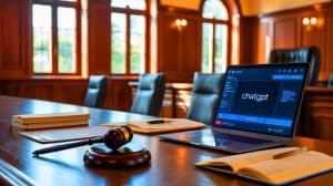 Illustration of legal documents and a ChatGPT interface, highlighting the ongoing lawsuits against OpenAI.