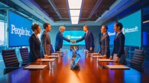 Illustration of People Inc. and Microsoft forming an AI licensing partnership.