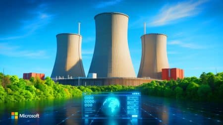 Illustration of the Three Mile Island nuclear reactor supported by a $1 billion loan and Microsoft's energy commitment.