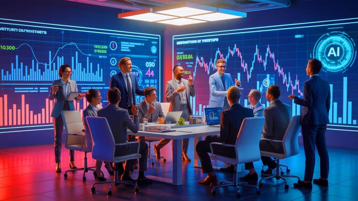 US AI Startups Secure Over $100M in 2025, Transforming Innovation Landscape and Shaping Future Technologies Illustration of a bustling scene of AI startups receiving significant venture capital funding in 2025.