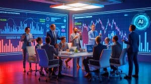Illustration of a bustling scene of AI startups receiving significant venture capital funding in 2025.