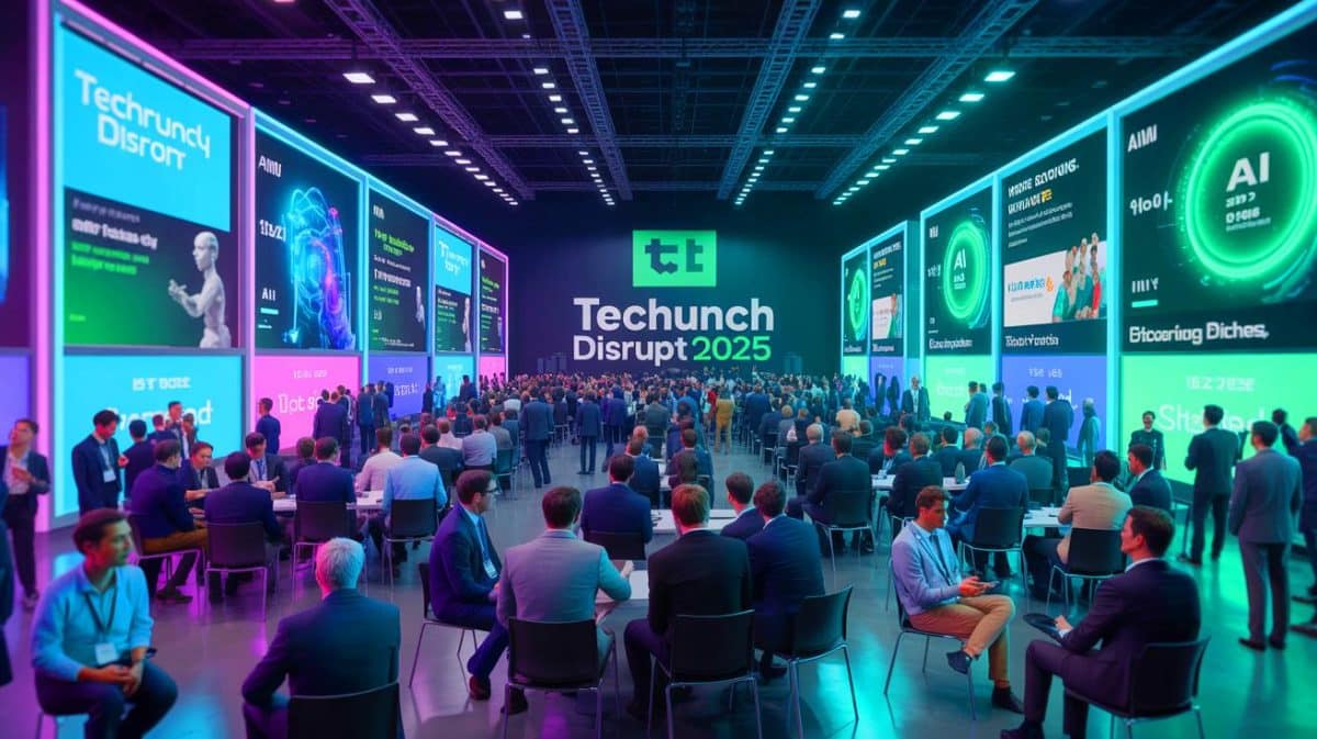 Illustration of venture capitalists adapting investment strategies for AI startups at TechCrunch Disrupt 2025.